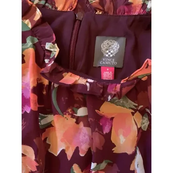 Vince Camuto Ruffled Floral Chiffon Maxi Dress Wine Multi Size 8, NWT 168$‎